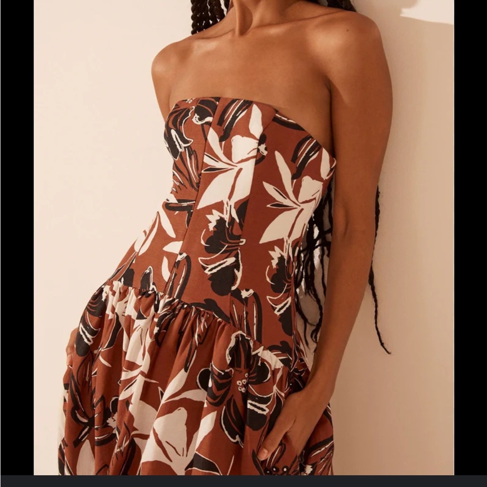 Shona Joy Strapless Pleated Sundress in Brown and Orange - Picture 2 of 5